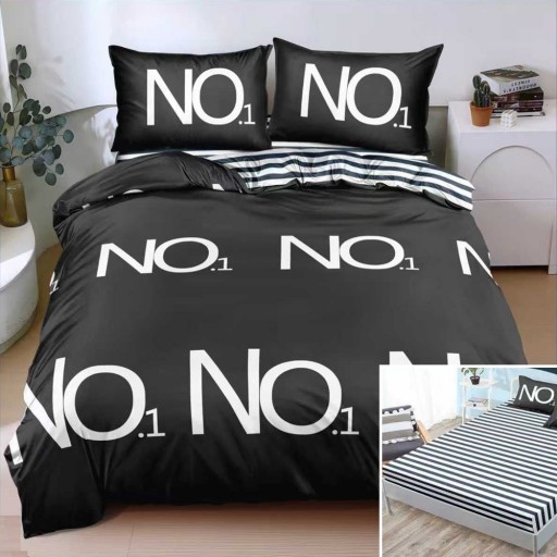 Lenjerie de pat, 2 persoane, bumbac satinat, 4 piese, cu elastic, negru și alb, cu linii, LS4089