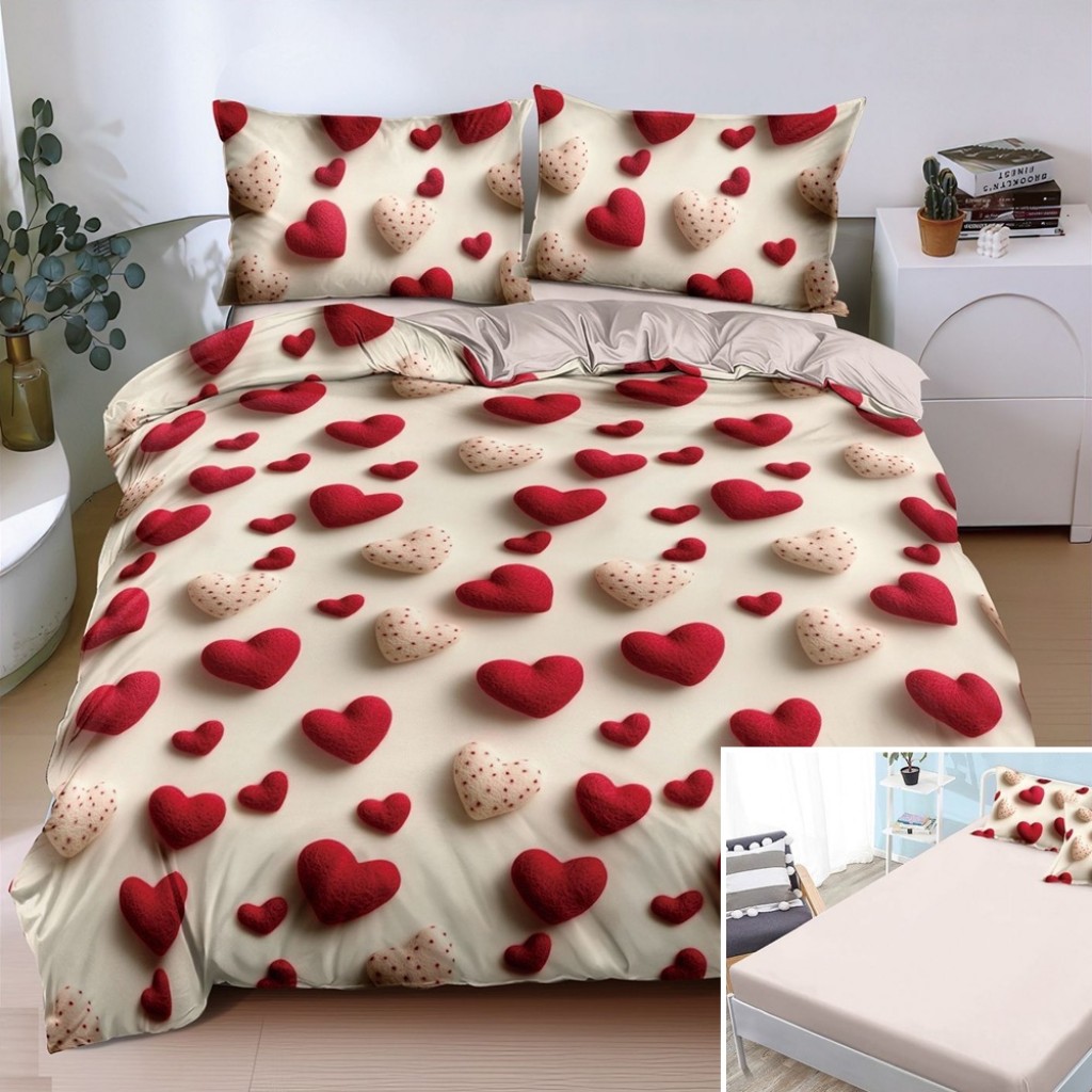 Lenjerie de pat, 2 persoane, bumbac satinat, 4 piese, cu elastic, crem , cu inimioare roșii, LS4090
