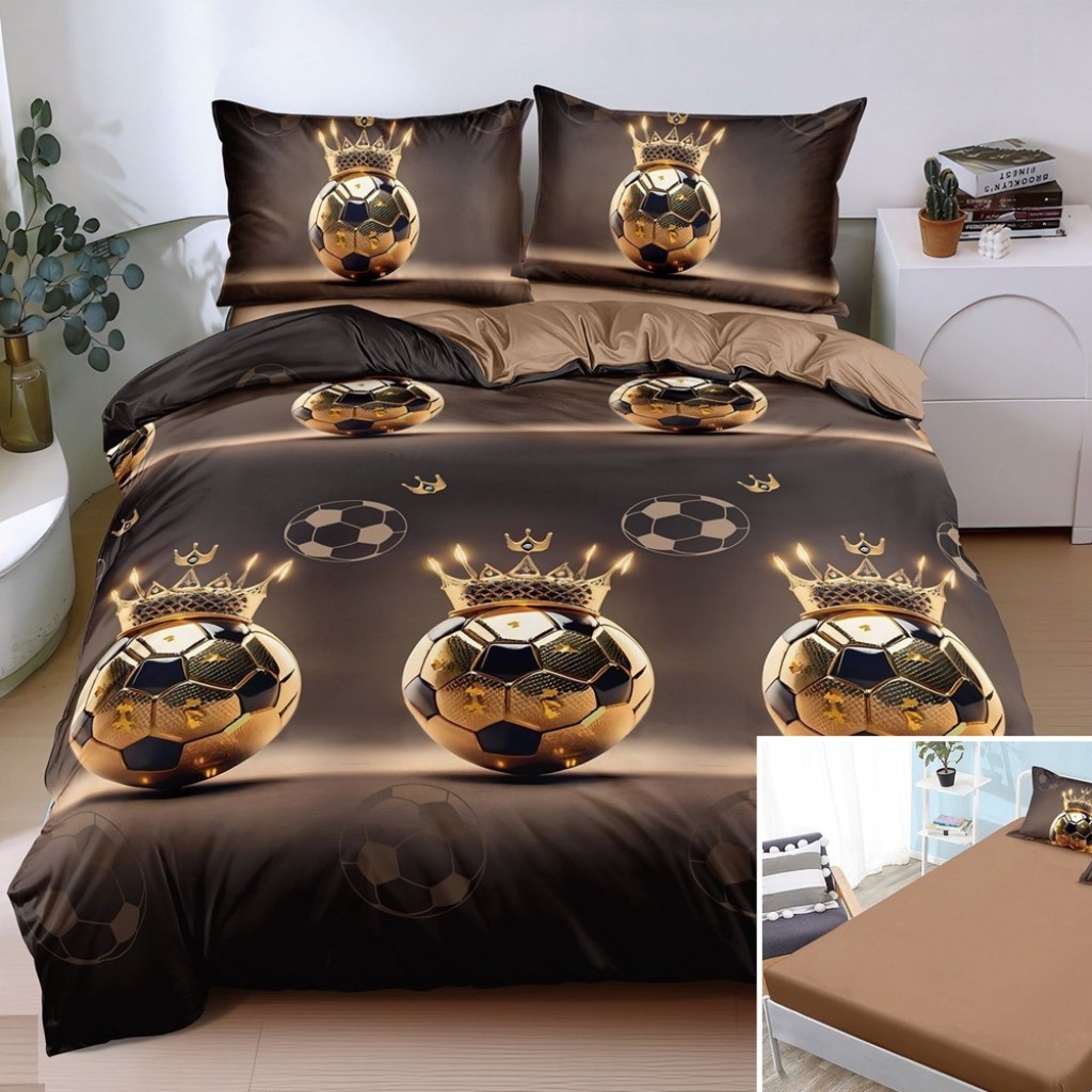 Lenjerie de pat, 2 persoane, bumbac satinat, 4 piese, cu elastic, maro și auriu, imprimeu minge fotbal, LS4091