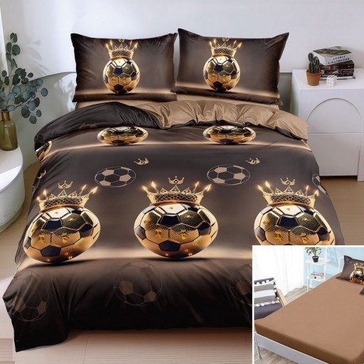 Lenjerie de pat, 2 persoane, bumbac satinat, 4 piese, cu elastic, maro și auriu, imprimeu minge fotbal, LS4091