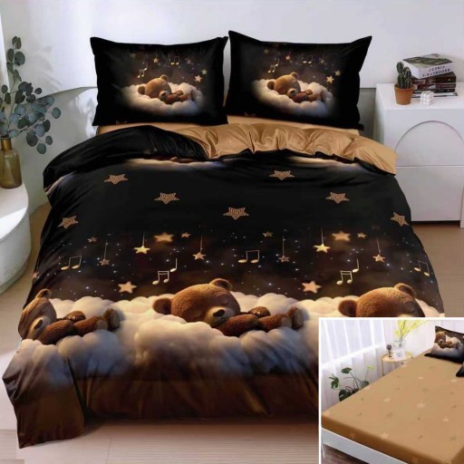 Lenjerie de pat, 2 persoane, bumbac satinat, 4 piese, cu elastic, negru și maro, cu ursuleți de pluș, LS4092