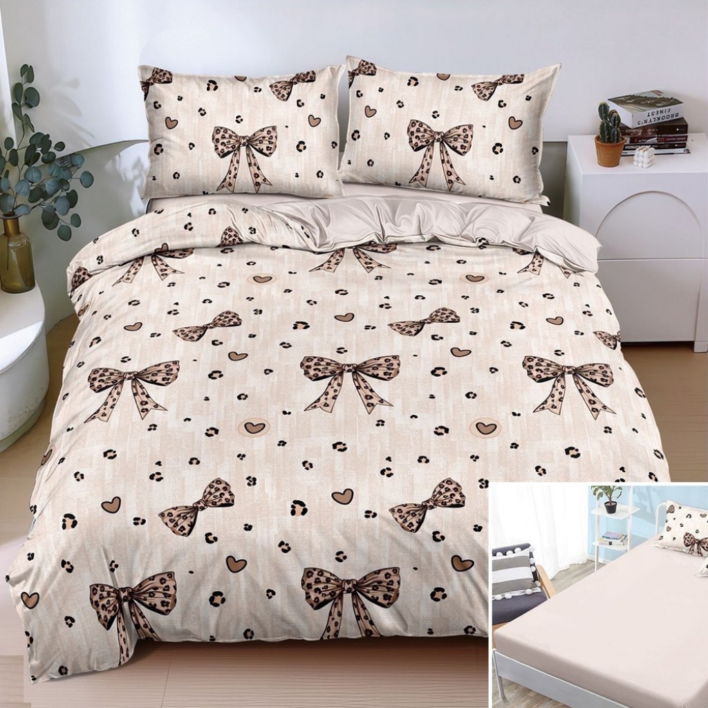 Lenjerie de pat, 2 persoane, bumbac satinat, 4 piese, cu elastic, crem , cu fundițe, LS4093