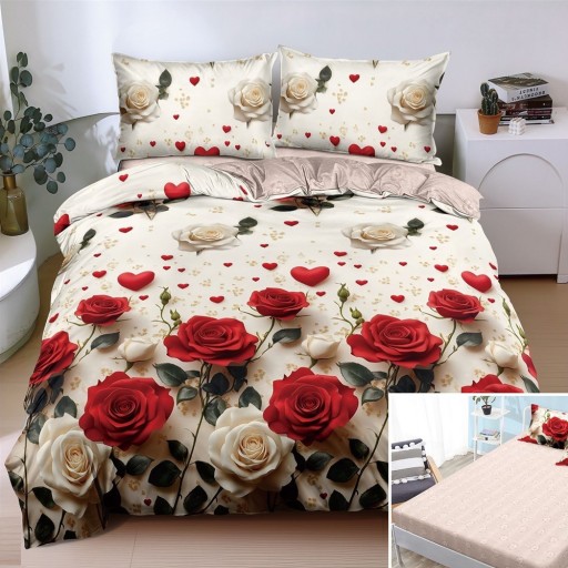 Lenjerie de pat, 2 persoane, bumbac satinat, 4 piese, cu elastic, crem , cu trandafiri roșii, LS4094