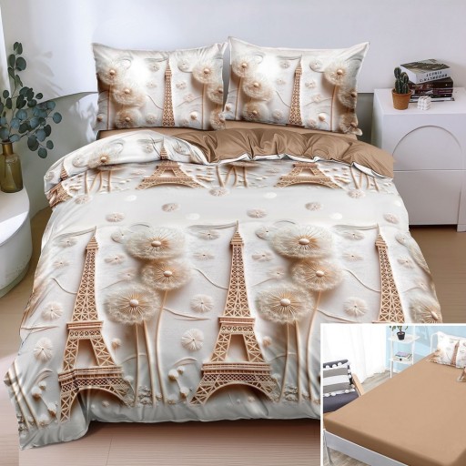 Lenjerie de pat, 2 persoane, bumbac satinat, 4 piese, cu elastic, crem , cu turnul Eiffel, LS4096