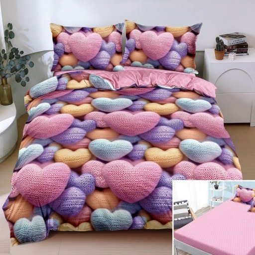 Lenjerie de pat, 2 persoane, bumbac satinat, 4 piese, cu elastic, roz , cu inimioare, LS4097