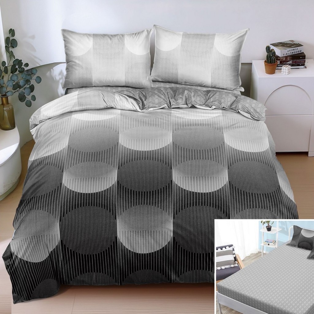 Lenjerie de pat, 2 persoane, bumbac satinat, 4 piese, cu elastic, negru și gri, cu cercuri și linii, LS4098