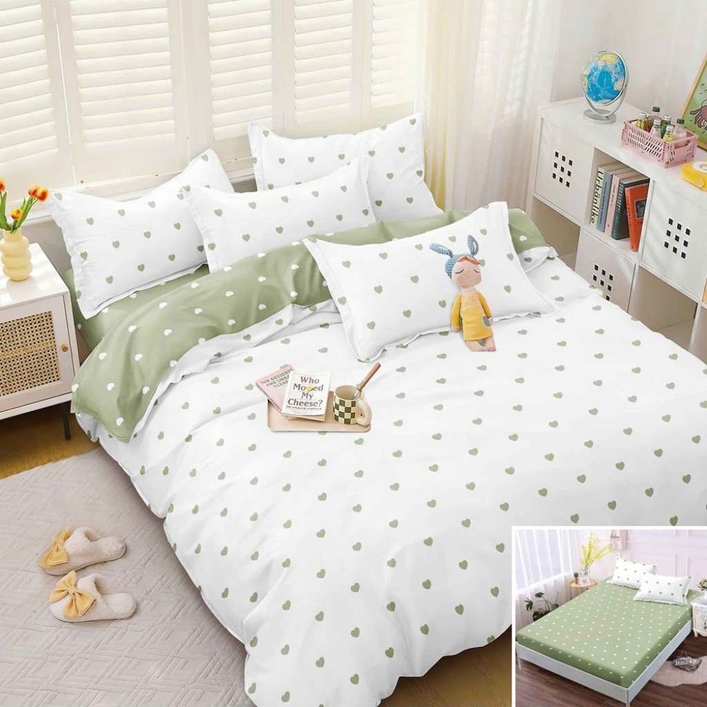 Lenjerie de pat, 2 persoane, bumbac satinat, 4 piese, cu elastic, alb și verde, cu inimioare, LS4099 Lenjerie de pat, 2 persoane, bumbac satinat, 4 piese, cu elastic, alb și verde, cu inimioare, LS4099