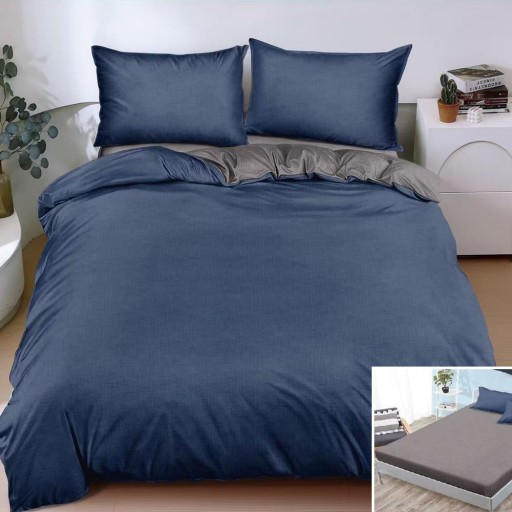 Lenjerie de pat, 2 persoane, bumbac satinat, 4 piese, cu elastic, albastru și gri, LS4109