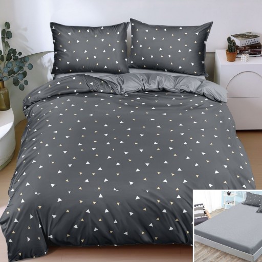 Lenjerie de pat, 2 persoane, bumbac satinat, 4 piese, cu elastic, gri , cu triunghiuri albe, LS4123