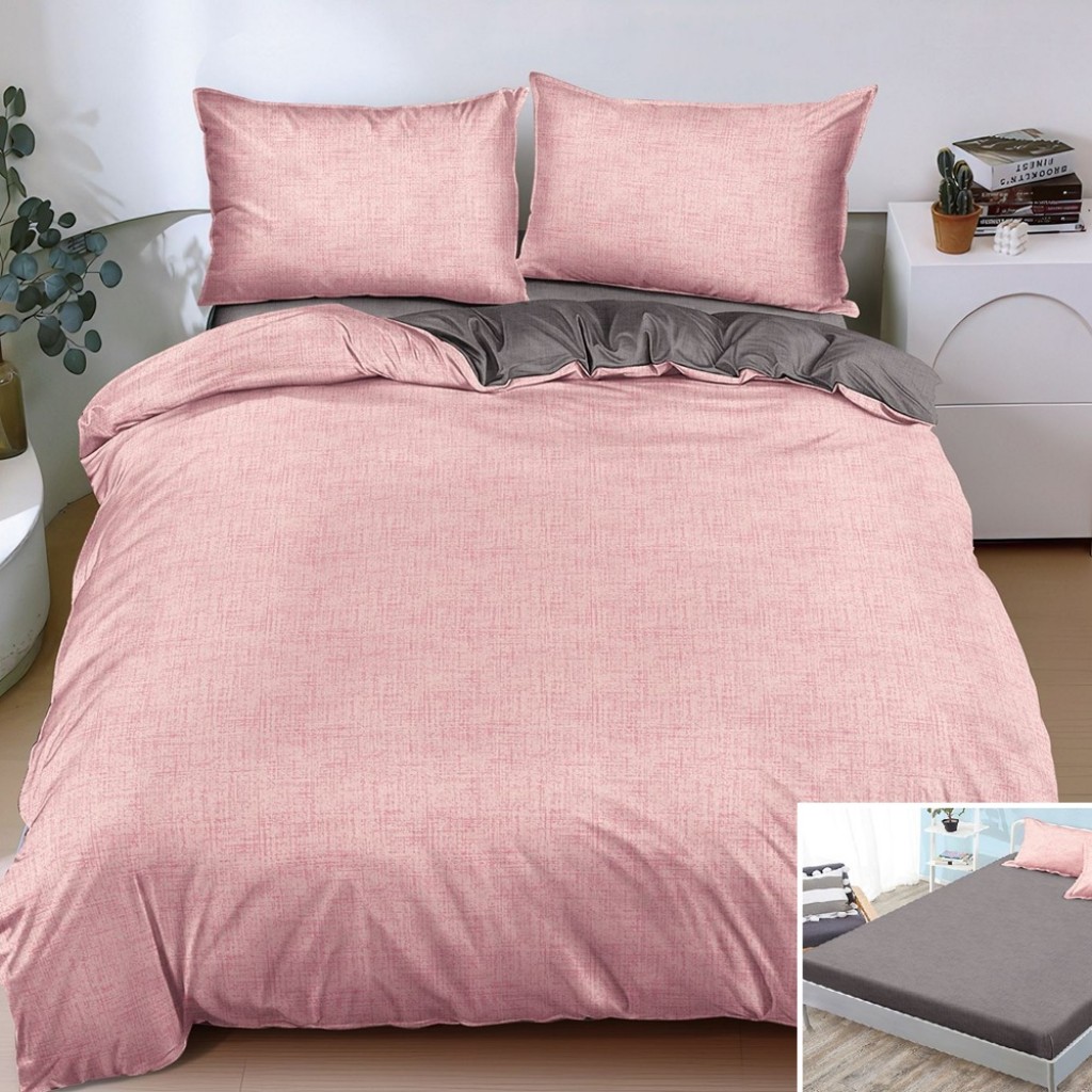 Lenjerie de pat, 2 persoane, bumbac satinat, 4 piese, cu elastic, roz și maro, LS4144