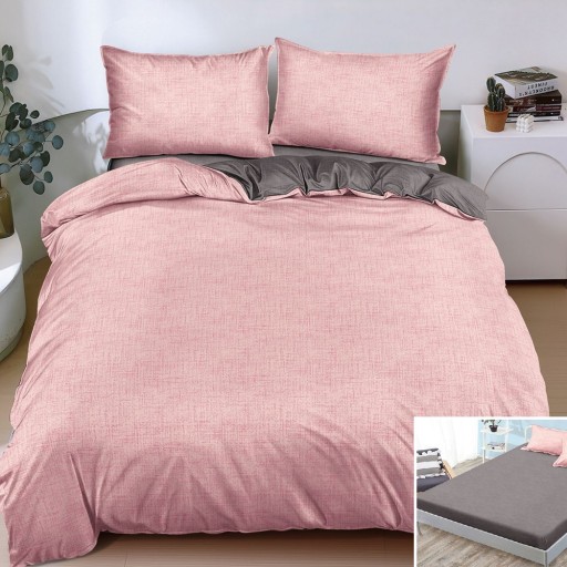 Lenjerie de pat, 2 persoane, bumbac satinat, 4 piese, cu elastic, roz și maro, LS4144