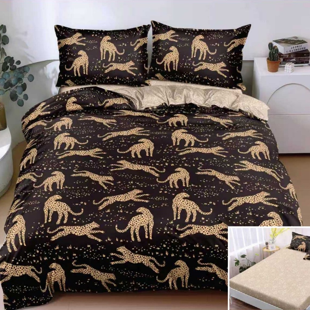 Lenjerie de pat, 2 persoane, bumbac satinat, 4 piese, cu elastic, maro și crem, imprimeu leoparzi, LS4149