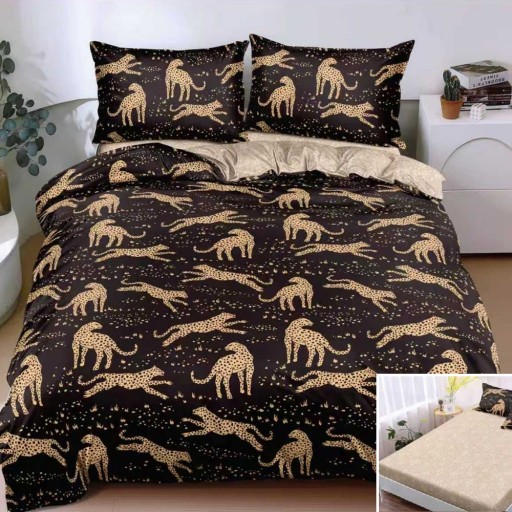 Lenjerie de pat, 2 persoane, bumbac satinat, 4 piese, cu elastic, maro și crem, imprimeu leoparzi, LS4149