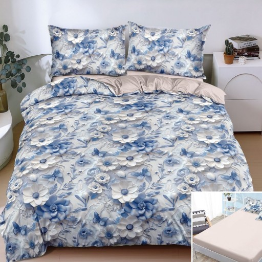 Lenjerie de pat, 2 persoane, bumbac satinat, 4 piese, cu elastic, albastru și crem, cu floricele, LS4150