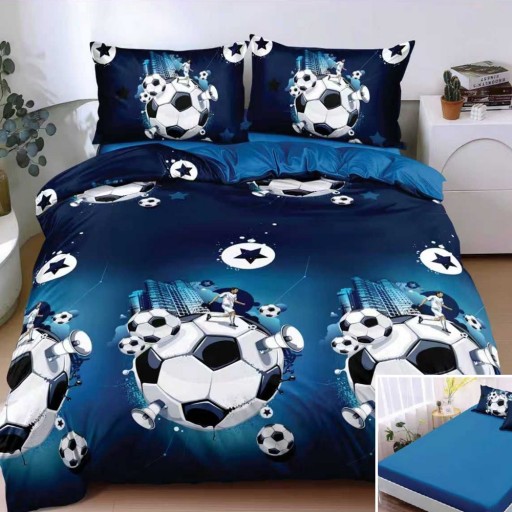 Lenjerie de pat, 2 persoane, bumbac satinat, 4 piese, cu elastic, albastru , cu minge de fotbal, LS4151
