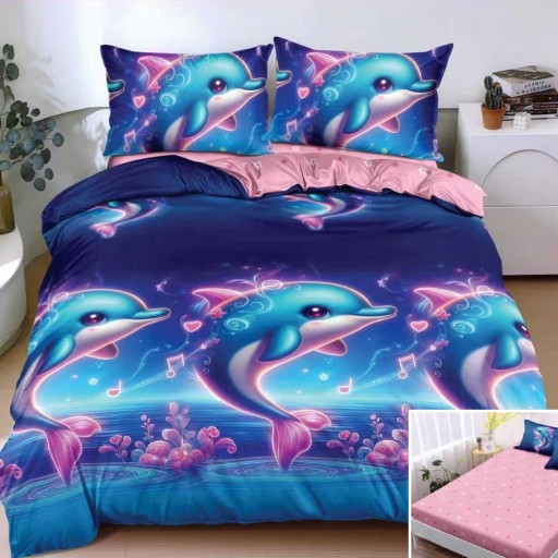 Lenjerie de pat, 2 persoane, bumbac satinat, 4 piese, cu elastic, albastru și roz, cu delfini, LS4153
