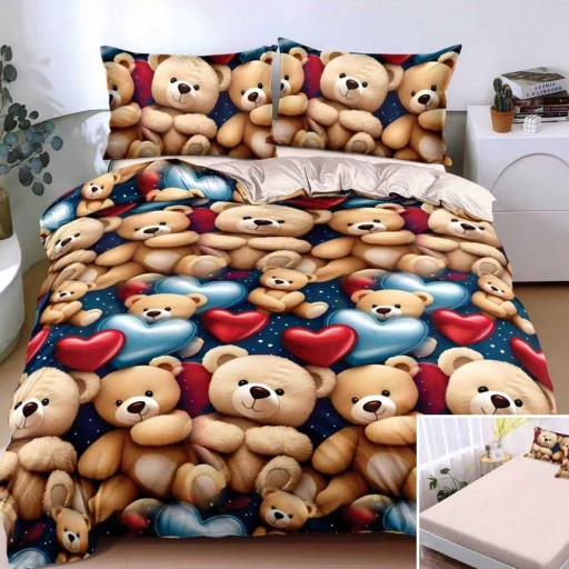 Lenjerie de pat, 2 persoane, bumbac satinat, 4 piese, cu elastic, albastru , cu ursuleți și inimioare, LS4154