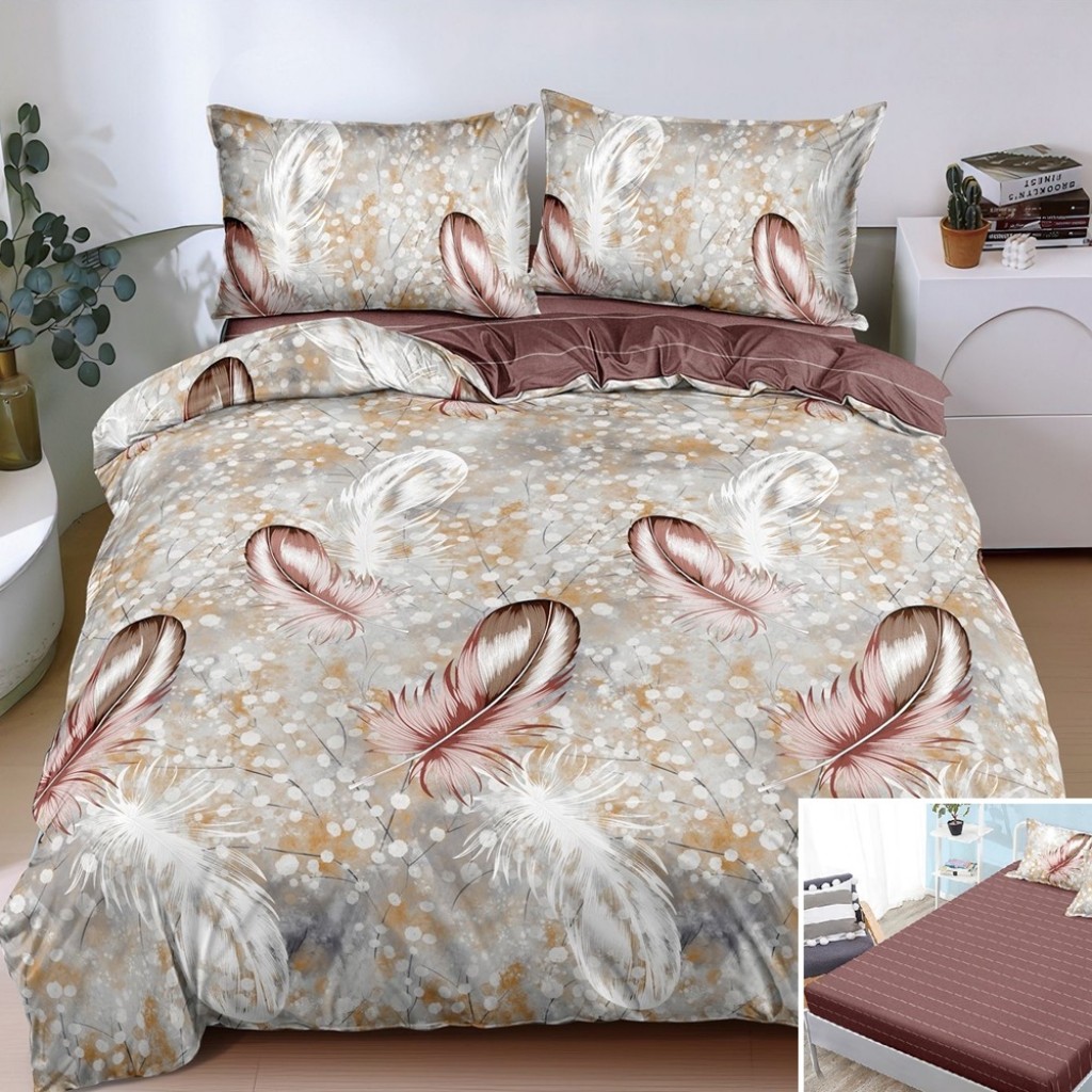 Lenjerie de pat, 2 persoane, bumbac satinat, 4 piese, cu elastic, maro și bej, cu pene, LS4157