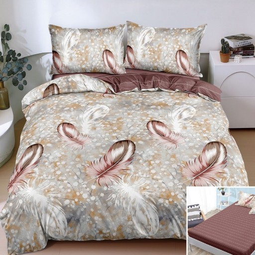Lenjerie de pat, 2 persoane, bumbac satinat, 4 piese, cu elastic, maro și bej, cu pene, LS4157