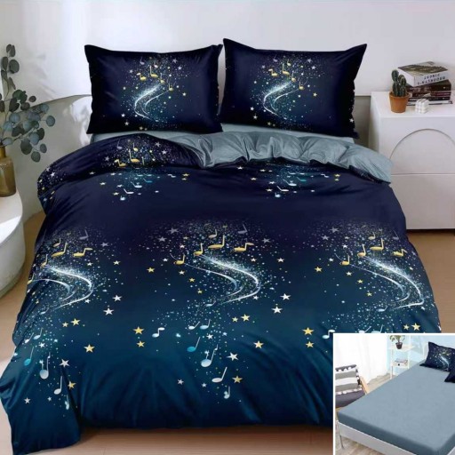 Lenjerie de pat, 2 persoane, bumbac satinat, 4 piese, cu elastic, albastru , cu stele și note muzicale, LS4163