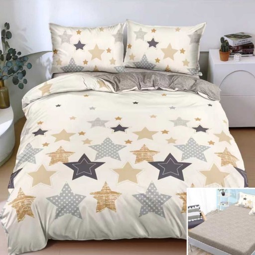 Lenjerie de pat, 2 persoane, bumbac satinat, 4 piese, cu elastic, crem și gri, cu stele, LS4164