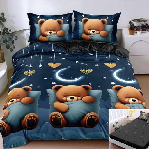 Lenjerie de pat, 2 persoane, bumbac satinat, 4 piese, cu elastic, albastru , cu ursuleți, LS4165