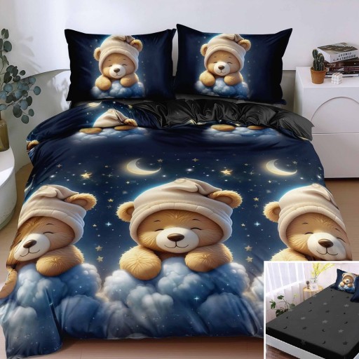 Lenjerie de pat, 2 persoane, bumbac satinat, 4 piese, cu elastic, albastru , cu ursuleți, LS4166