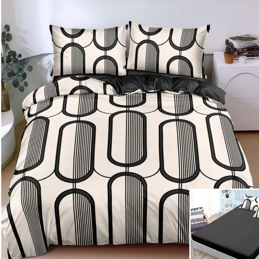 Lenjerie de pat, 2 persoane, bumbac satinat, 4 piese, cu elastic, crem și negru, cu linii negre, LS4167