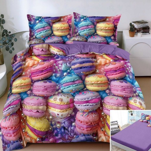 Lenjerie de pat, 2 persoane, bumbac satinat, 4 piese, cu elastic, mov , cu macarons, LS4168