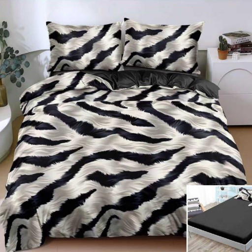 Lenjerie de pat, 2 persoane, bumbac satinat, 4 piese, cu elastic, negru și alb, imprimeu zebră, LS4169