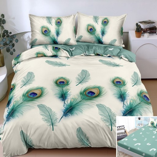 Lenjerie de pat, 2 persoane, bumbac satinat, 4 piese, cu elastic, crem și verde, cu pene verzi, LS4170