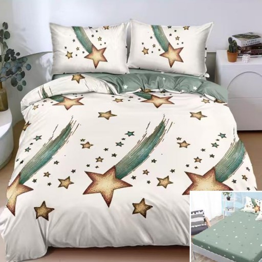 Lenjerie de pat, 2 persoane, bumbac satinat, 4 piese, cu elastic, crem și verde, cu stele căzătoare, LS4171