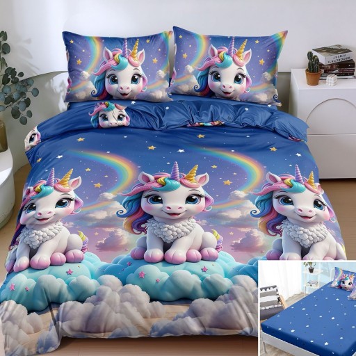 Lenjerie de pat, 2 persoane, bumbac satinat, 4 piese, cu elastic, albastru , cu nori și unicorni, LS4172
