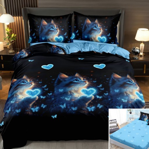 Lenjerie de pat, 2 persoane, bumbac satinat, 4 piese, cu elastic, negru și albastru, cu pisicuțe, LS4173