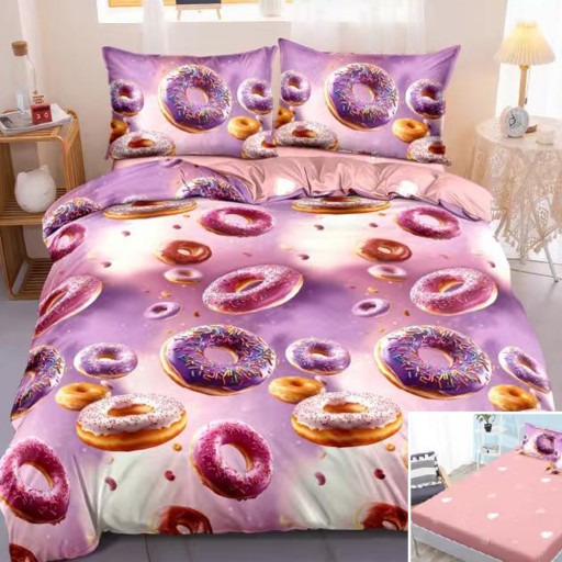 Lenjerie de pat, 2 persoane, bumbac satinat, 4 piese, cu elastic, violet și roz, cu donuts, LS4174