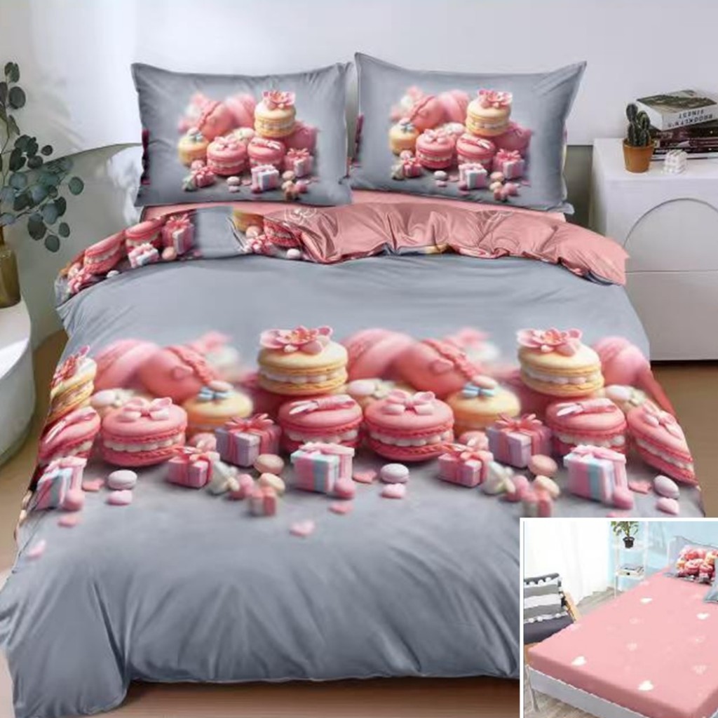 Lenjerie de pat, 2 persoane, bumbac satinat, 4 piese, cu elastic, gri și roz, cu macarons, LS4175