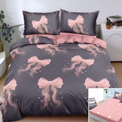 Lenjerie de pat, 2 persoane, bumbac satinat, 4 piese, cu elastic, gri și roz, cu fundițe, LS4176
