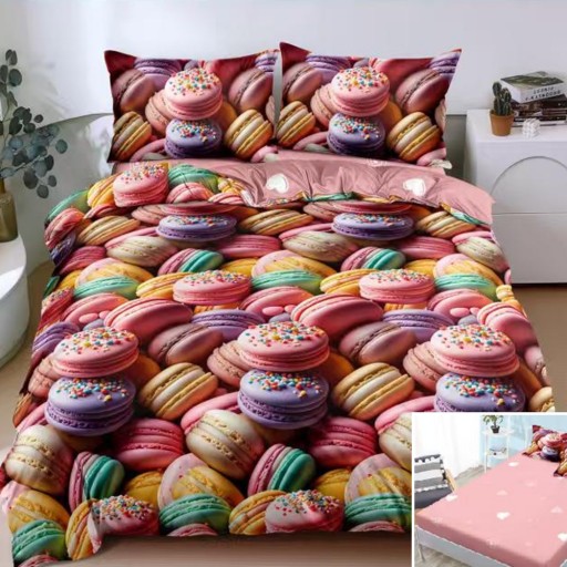 Lenjerie de pat, 2 persoane, bumbac satinat, 4 piese, cu elastic, roz , cu macarons, LS4177