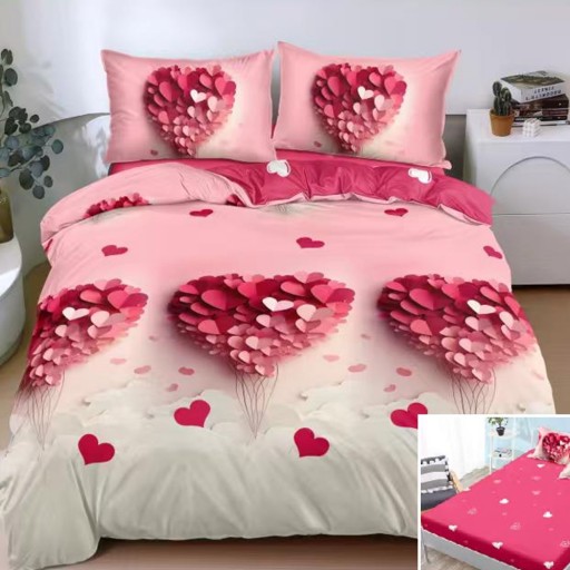 Lenjerie de pat, 2 persoane, bumbac satinat, 4 piese, cu elastic, roz și alb, cu inimioare, LS4178