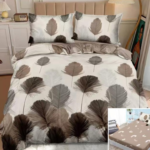 Lenjerie de pat, 2 persoane, bumbac satinat, 4 piese, cu elastic, crem și maro, cu pene, LS4179