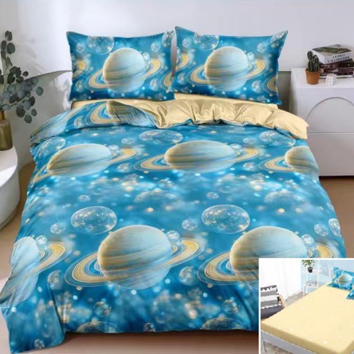Lenjerie de pat, 2 persoane, bumbac satinat, 4 piese, cu elastic, albastru și crem, cu planete, LS4180