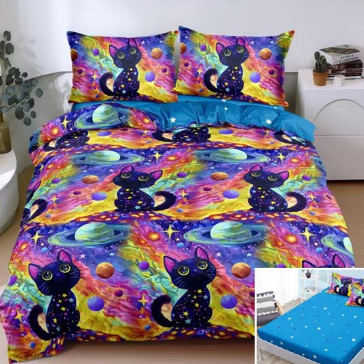 Lenjerie de pat, 2 persoane, bumbac satinat, 4 piese, cu elastic, albastru mov galben, cu planete și pisici, LS4181