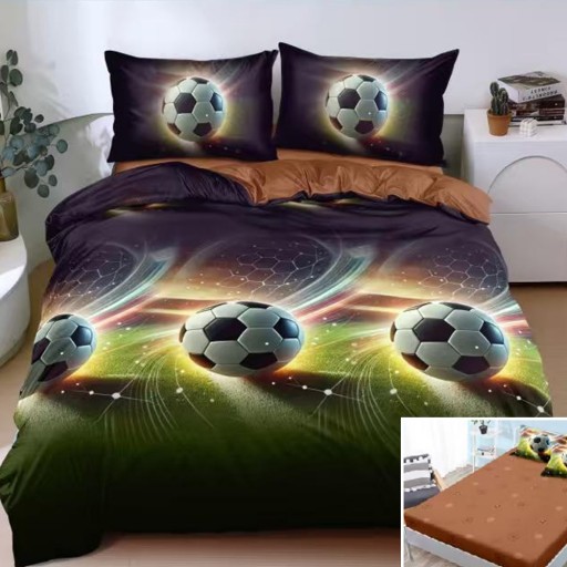 Lenjerie de pat, 2 persoane, bumbac satinat, 4 piese, cu elastic, verde și maro, cu mingi de fotbal, LS4182