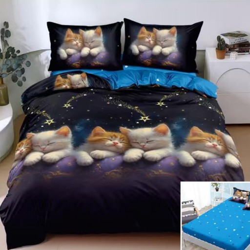 Lenjerie de pat, 2 persoane, bumbac satinat, 4 piese, cu elastic, albastru și mov, cu pisicuțe, LS4183