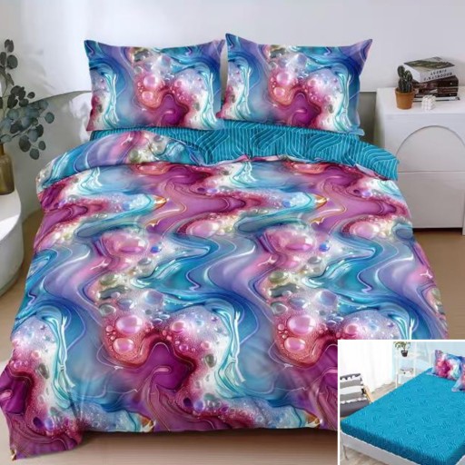 Lenjerie de pat, 2 persoane, bumbac satinat, 4 piese, cu elastic, albastru și mov, imprimeu valuri, LS4184