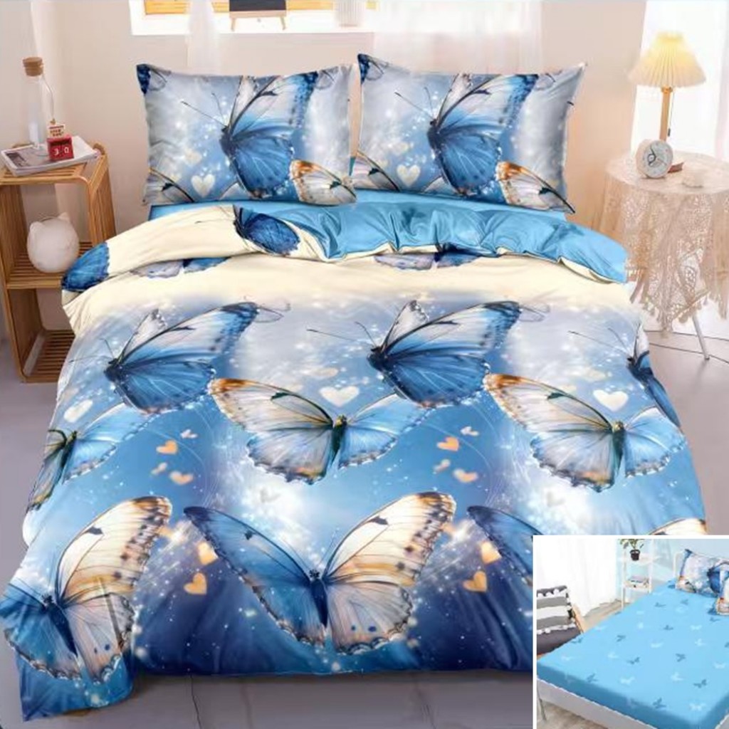 Lenjerie de pat, 2 persoane, bumbac satinat, 4 piese, cu elastic, albastru și crem, cu fluturași, LS4185