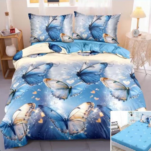 Lenjerie de pat, 2 persoane, bumbac satinat, 4 piese, cu elastic, albastru și crem, cu fluturași, LS4185