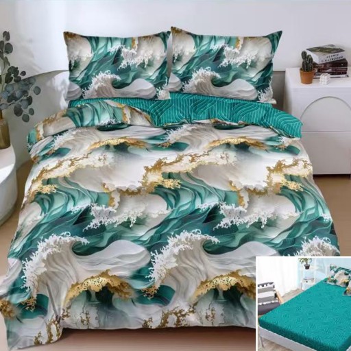 Lenjerie de pat, 2 persoane, bumbac satinat, 4 piese, cu elastic, verde și alb, imprimeu valuri, LS4186