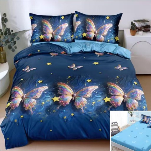 Lenjerie de pat, 2 persoane, bumbac satinat, 4 piese, cu elastic, albastru , cu fluturași, LS4187