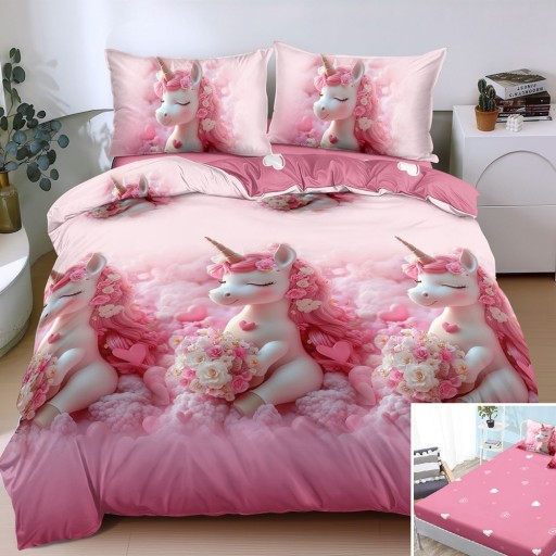 Lenjerie de pat, 2 persoane, bumbac satinat, 4 piese, cu elastic, roz , cu unicorni, LS4188